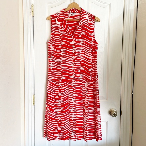 Cabi Brushtroke Pleated Red White Drop Waist Sleeveless Dress size L - Picture 2 of 7